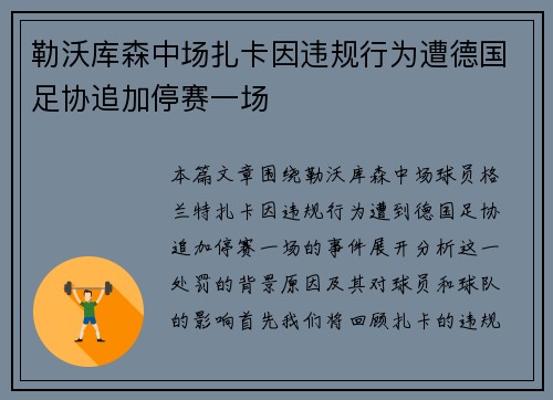 勒沃库森中场扎卡因违规行为遭德国足协追加停赛一场
